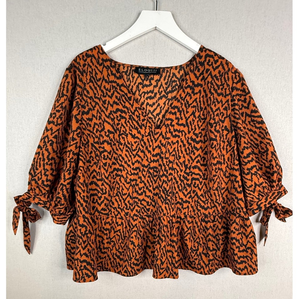 ELOQUII Peplum Top Women 18 2X Orange Black Animal Print V-Neck Tie Sleeve